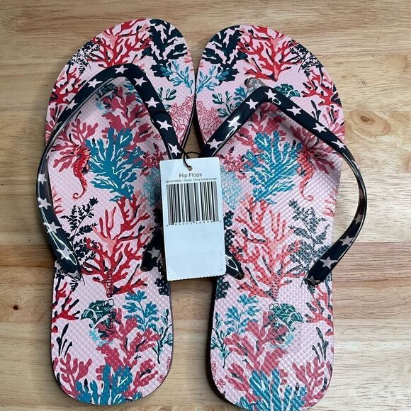 Vera Bradley SHORE THING Women's Flip Flops Large Pink Sea Horses Corals Beachy - Picture 1 of 10